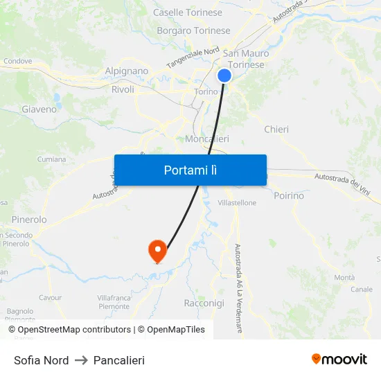 Sofia Nord to Pancalieri map