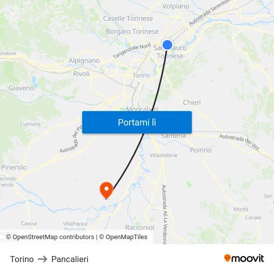 Torino to Pancalieri map