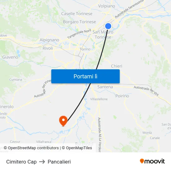 Cimitero Cap to Pancalieri map