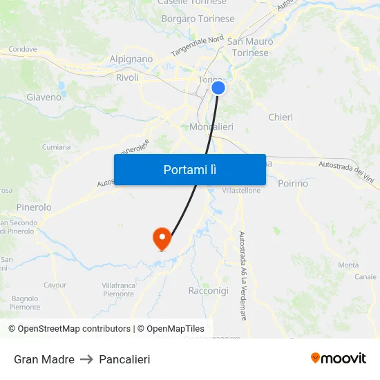 Gran Madre to Pancalieri map