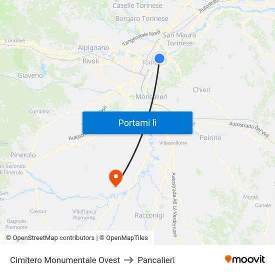 Cimitero Monumentale Ovest to Pancalieri map