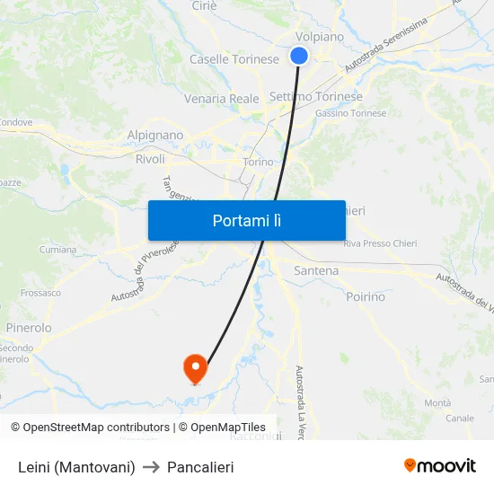Leini (Mantovani) to Pancalieri map