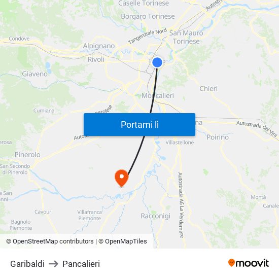 Garibaldi to Pancalieri map