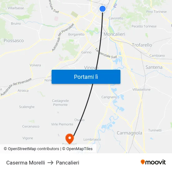Caserma Morelli to Pancalieri map