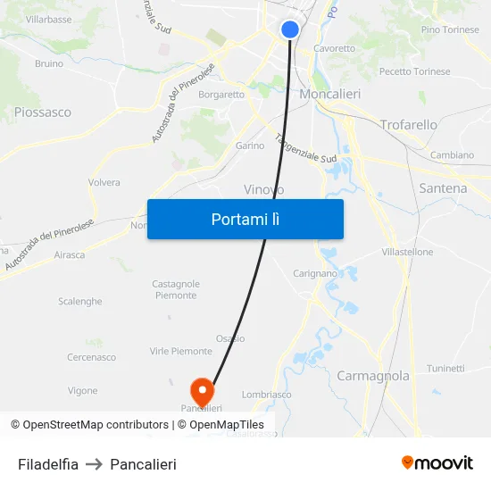Filadelfia to Pancalieri map