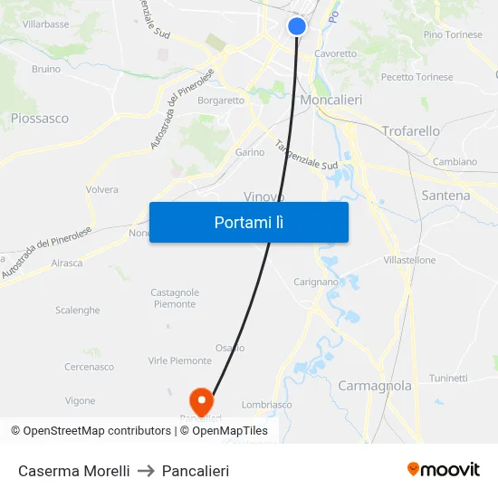 Caserma Morelli to Pancalieri map