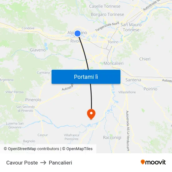 Cavour Poste to Pancalieri map
