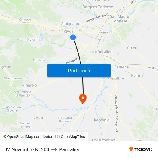 IV Novembre N. 204 to Pancalieri map