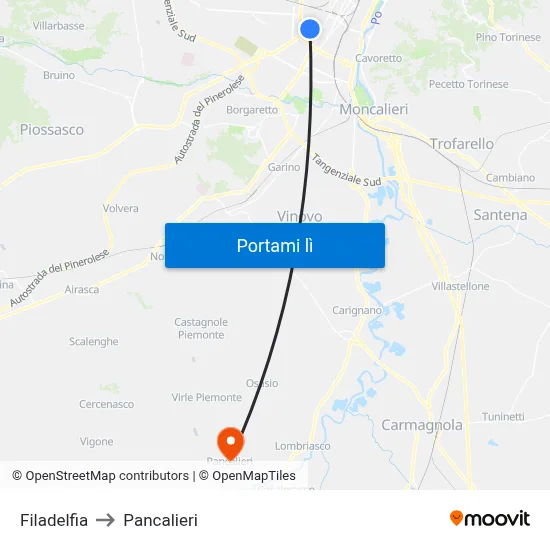 Filadelfia to Pancalieri map