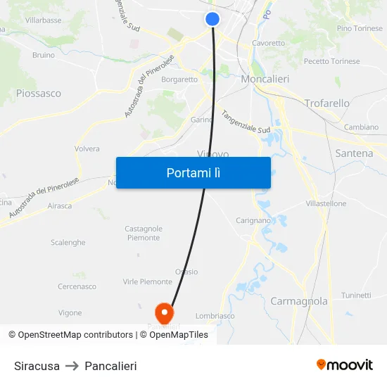 Siracusa to Pancalieri map