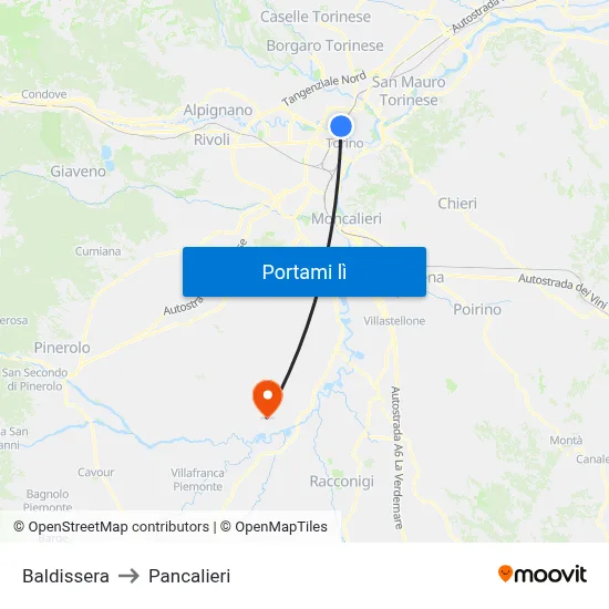 Baldissera to Pancalieri map