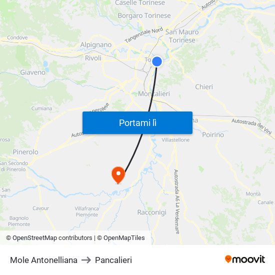 Mole Antonelliana to Pancalieri map