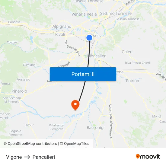 Vigone to Pancalieri map