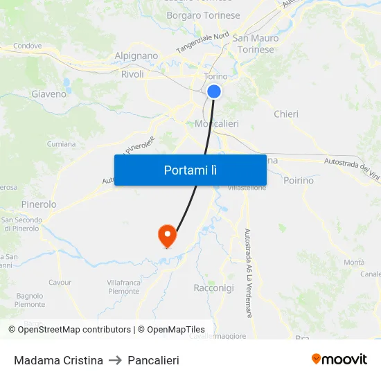 Madama Cristina to Pancalieri map