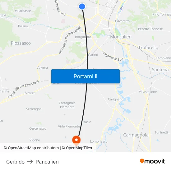 Gerbido to Pancalieri map