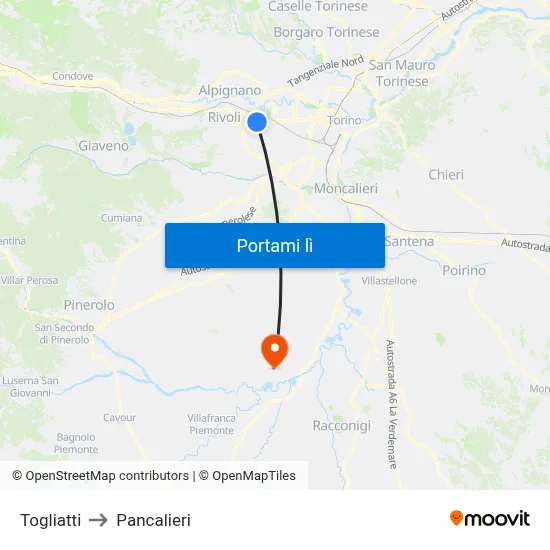 Togliatti to Pancalieri map