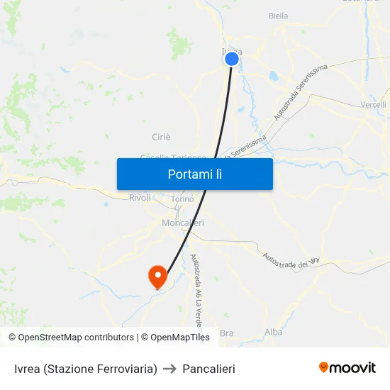 Ivrea (Stazione Ferroviaria) to Pancalieri map