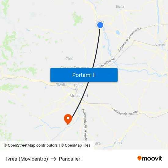 Ivrea (Movicentro) to Pancalieri map
