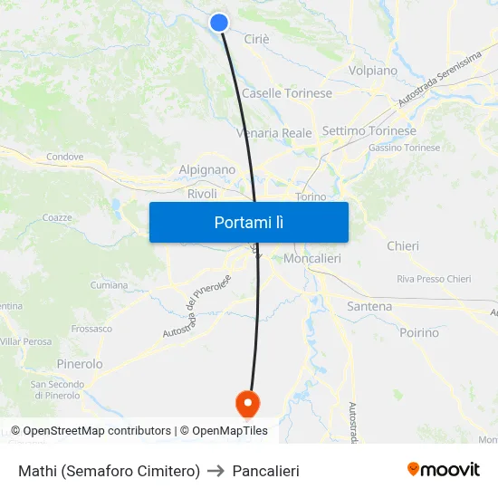 Mathi (Semaforo Cimitero) to Pancalieri map