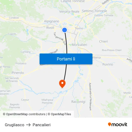 Grugliasco to Pancalieri map