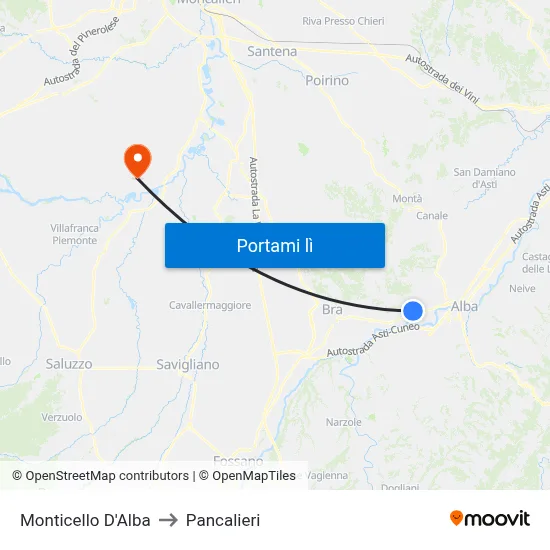 Monticello D'Alba to Pancalieri map