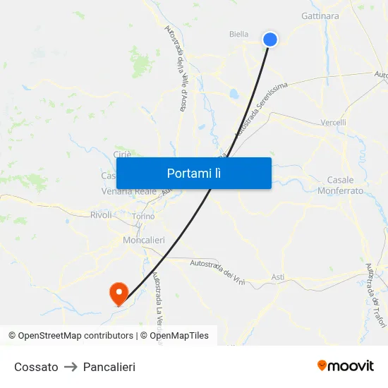 Cossato to Pancalieri map
