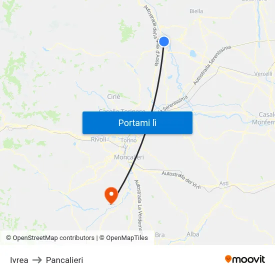 Ivrea to Pancalieri map