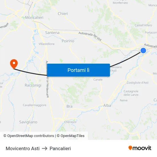 Movicentro Asti to Pancalieri map