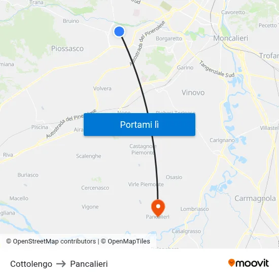 Cottolengo to Pancalieri map
