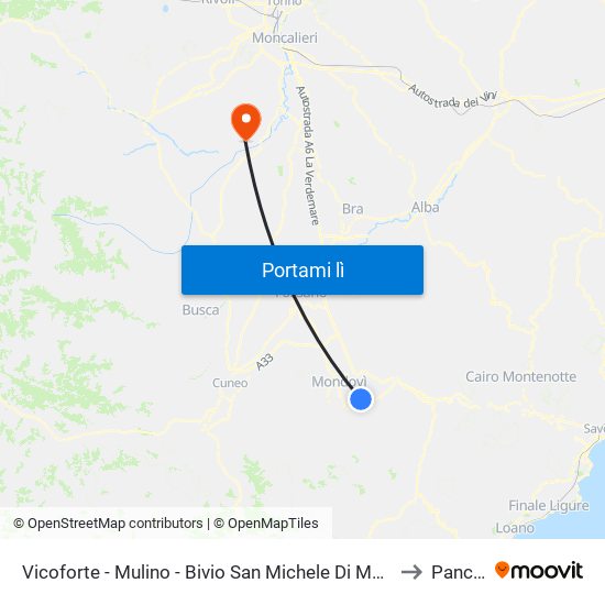Vicoforte - Mulino - Bivio San Michele Di Mondovi' - Via Al Santuario to Pancalieri map