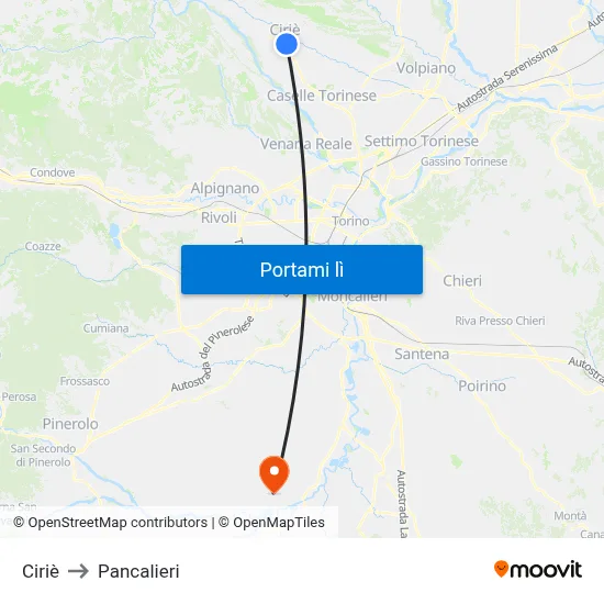 Ciriè to Pancalieri map