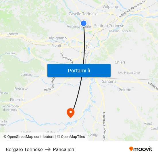 Borgaro Torinese to Pancalieri map