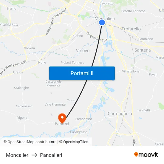 Moncalieri to Pancalieri map