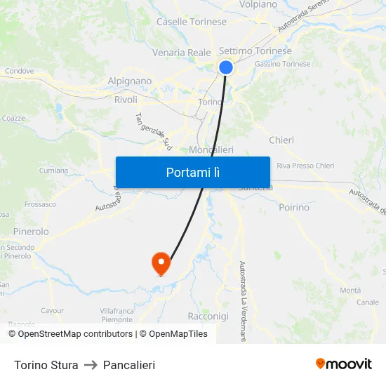 Torino Stura to Pancalieri map