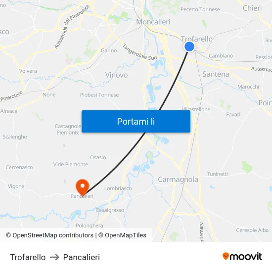 Trofarello to Pancalieri map