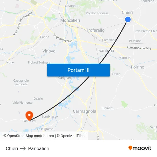 Chieri to Pancalieri map