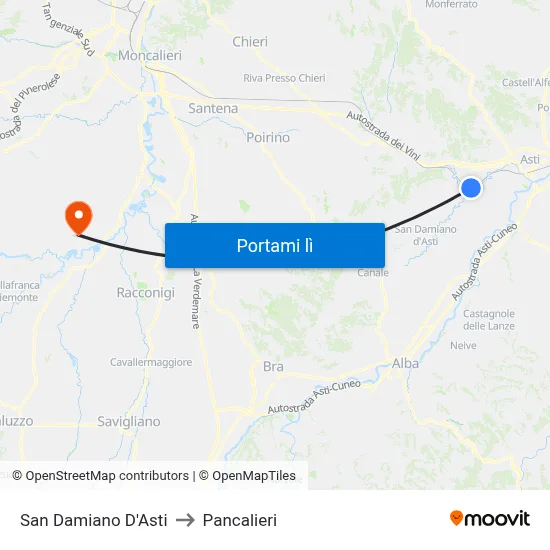 San Damiano D'Asti to Pancalieri map
