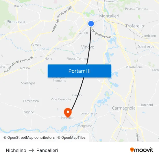 Nichelino to Pancalieri map