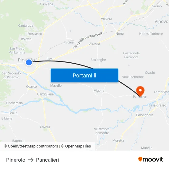 Pinerolo to Pancalieri map