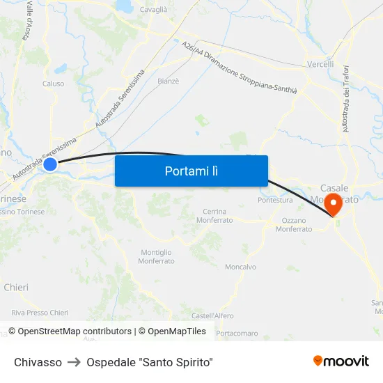 Chivasso to Ospedale "Santo Spirito" map