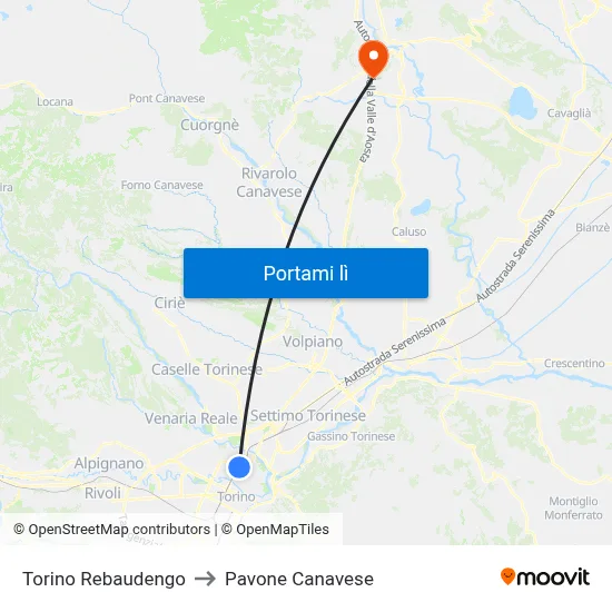 Torino Rebaudengo to Pavone Canavese map