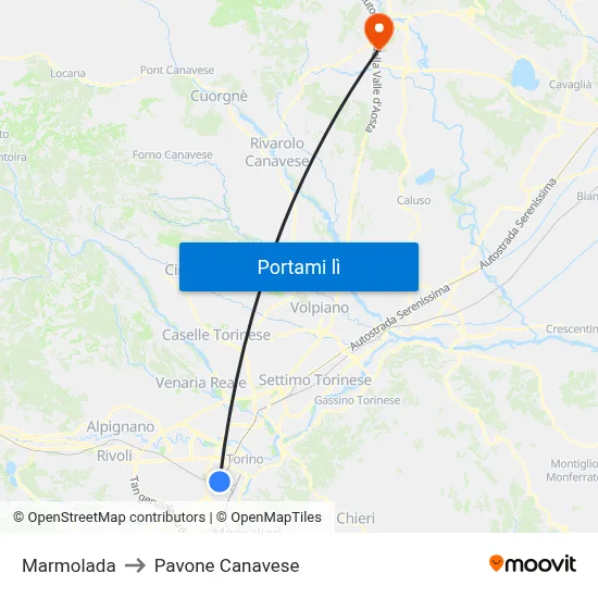 Marmolada to Pavone Canavese map