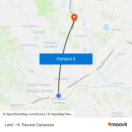 Leini to Pavone Canavese map