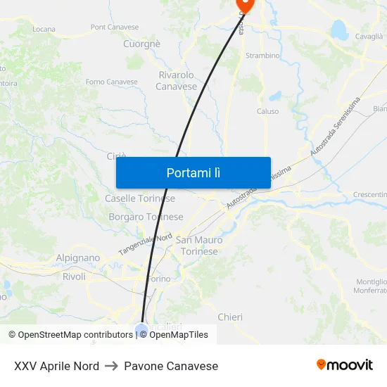 XXV Aprile Nord to Pavone Canavese map
