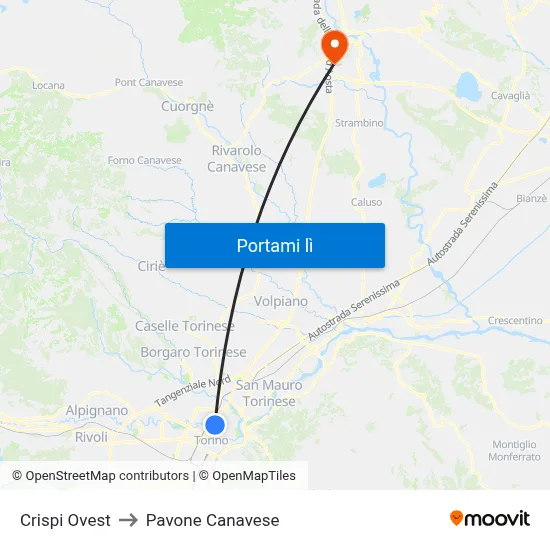 Crispi Ovest to Pavone Canavese map