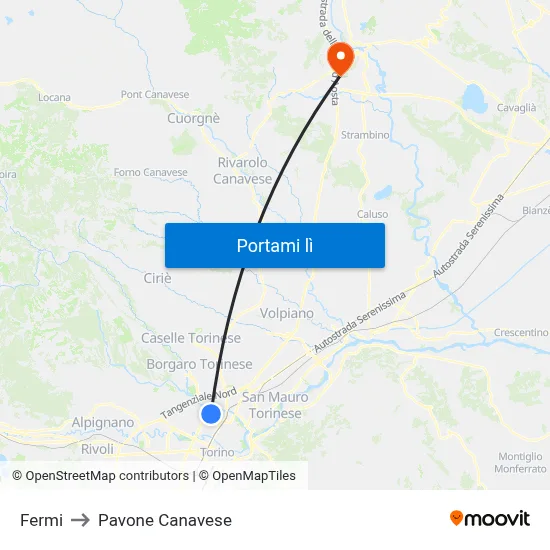 Fermi to Pavone Canavese map