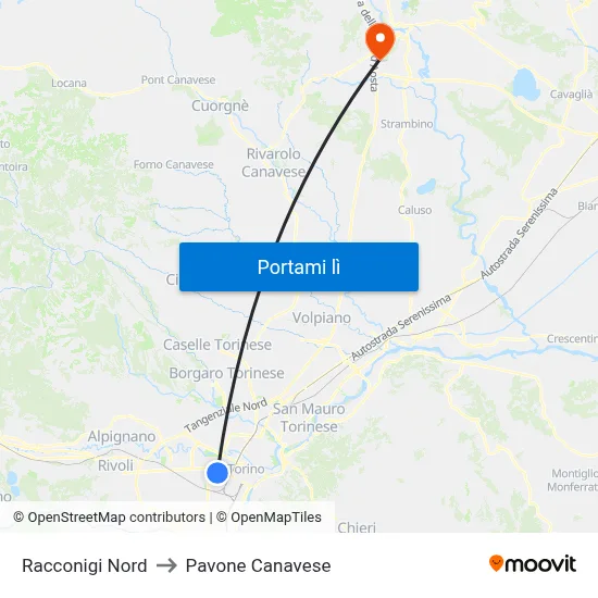 Racconigi Nord to Pavone Canavese map