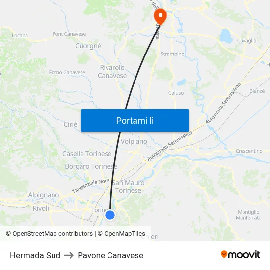 Hermada Sud to Pavone Canavese map