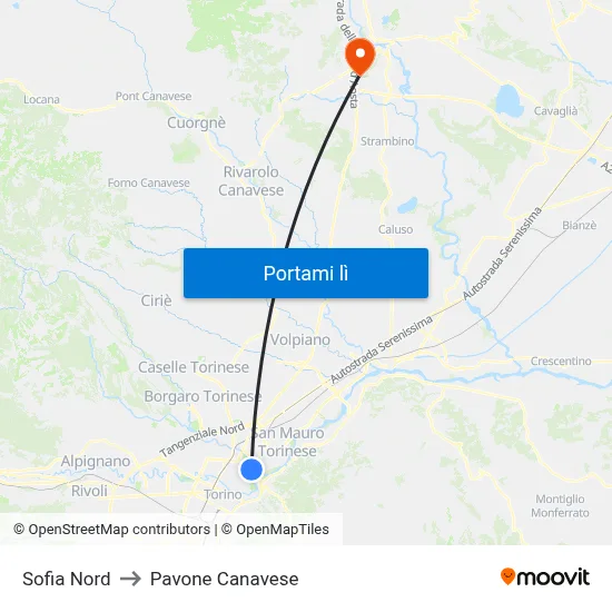 Sofia Nord to Pavone Canavese map