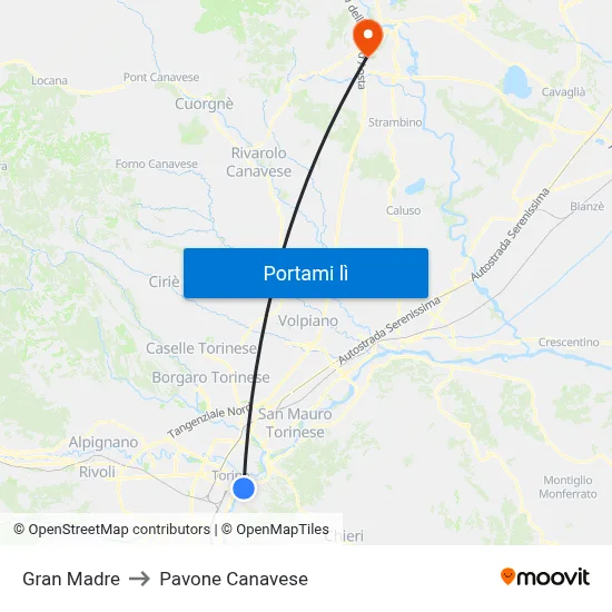 Gran Madre to Pavone Canavese map